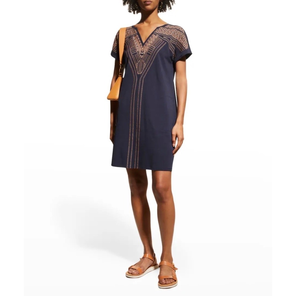 NIC+ZOE Navy Blue Embroidered‎ V-Neck Casual T-Shirt Dress Size L